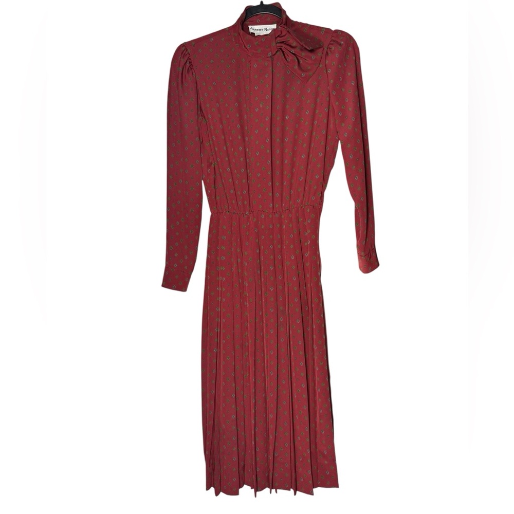 VTG Albert Nipon Red Midi Dress Sz 4 Saks Fifth Avenue Long Sleeve Pleated ILGWU - Picture 1 of 11